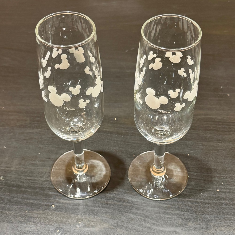 Disney Mickey Mouse Champagne Flutes Set of 2 Frosted White Icon Pattern Glass
